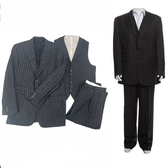 Ralph Lauren Purple Label 3 Piece Suit Black Wool Stripe 42L Jacket Vest 36 Pant - Picture 1 of 16